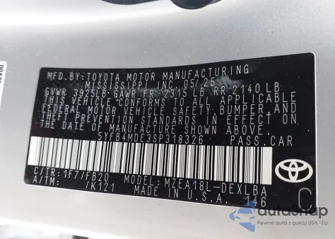 2025 Toyota Corolla Le z USA, uszkodzony, nr VIN 5YFB4MDE3SP318326